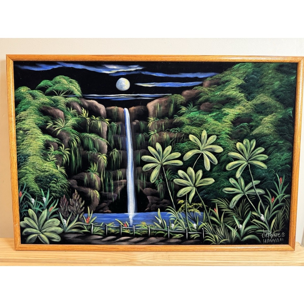 Vintage‎ John De Ponce Velvet Painting Tiki Waterfall Hawaii Framed 37x25"